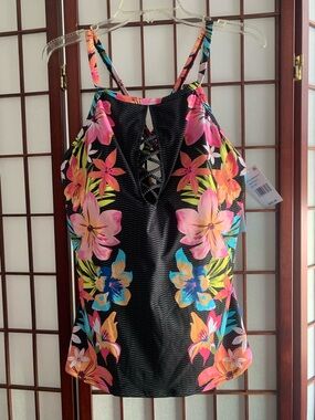 NWT Bleu Rod Beattie Black Floral Multi-Color Halter Tankini Swimsuit Top SZ 16W